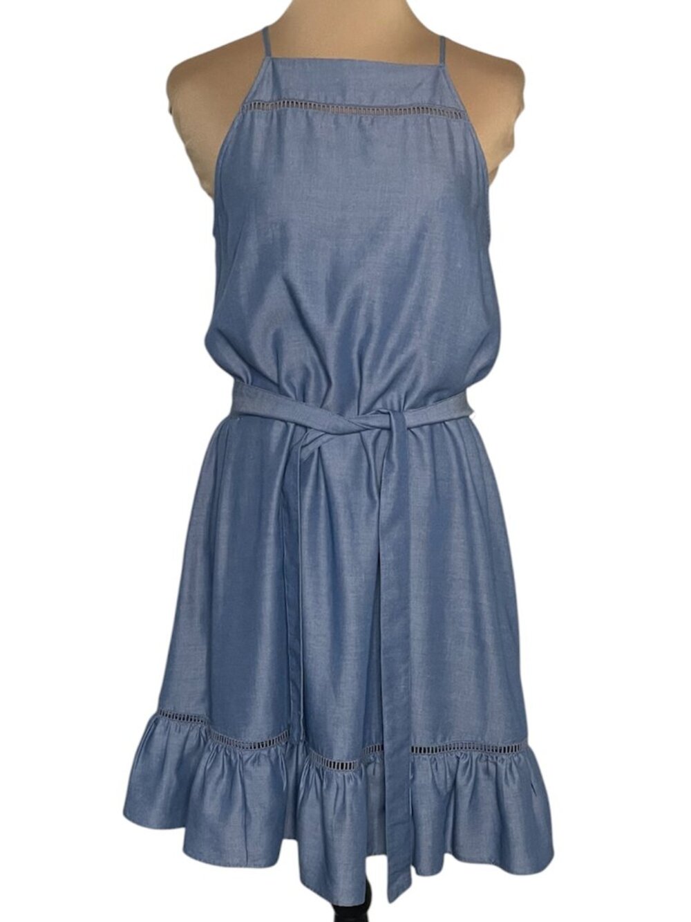Ann Taylor Chambray Blue Ruffle Dress Sz 2 - Picture 3 of 6